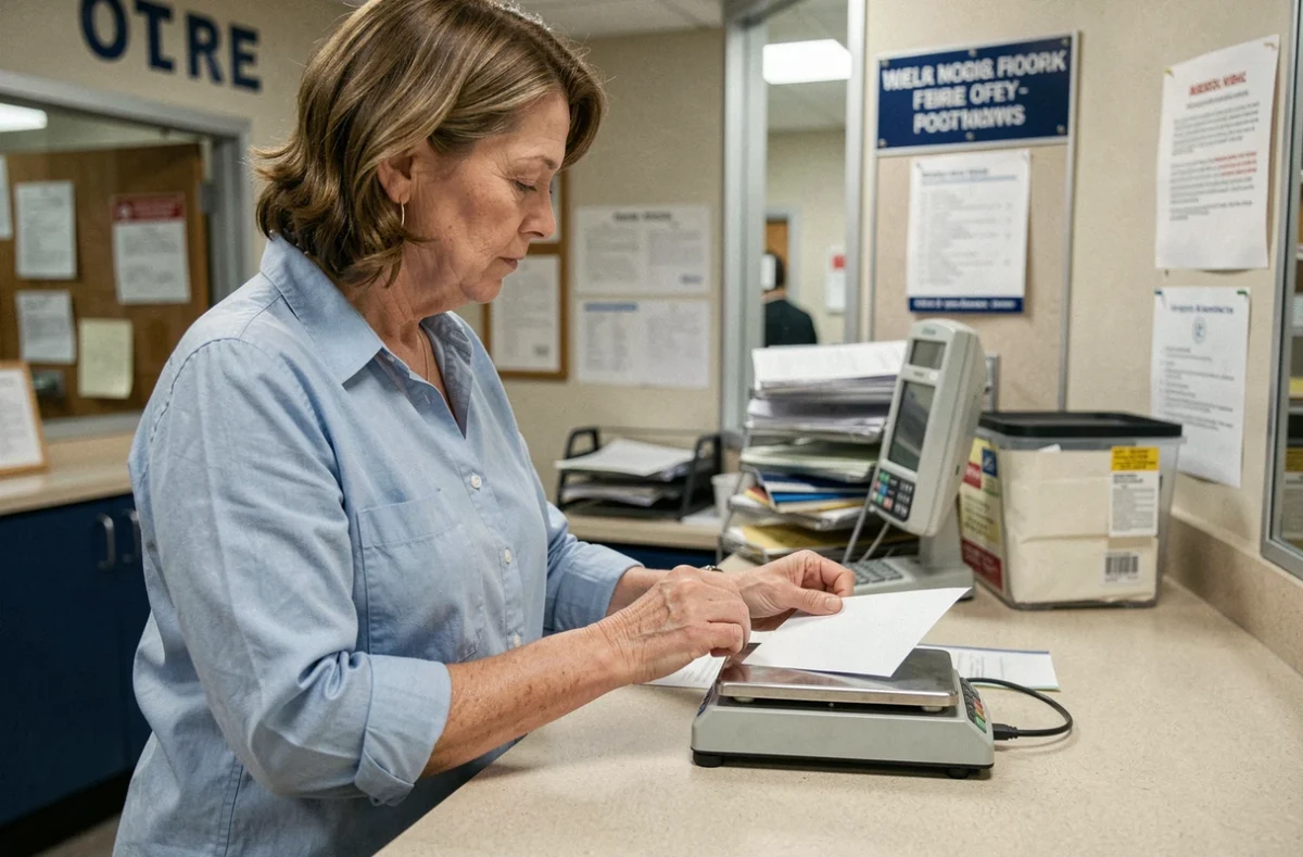 Femme déposant une enveloppe sur une balance postale au guichet d'un bureau de poste pour vérifier le poids avant affranchissement