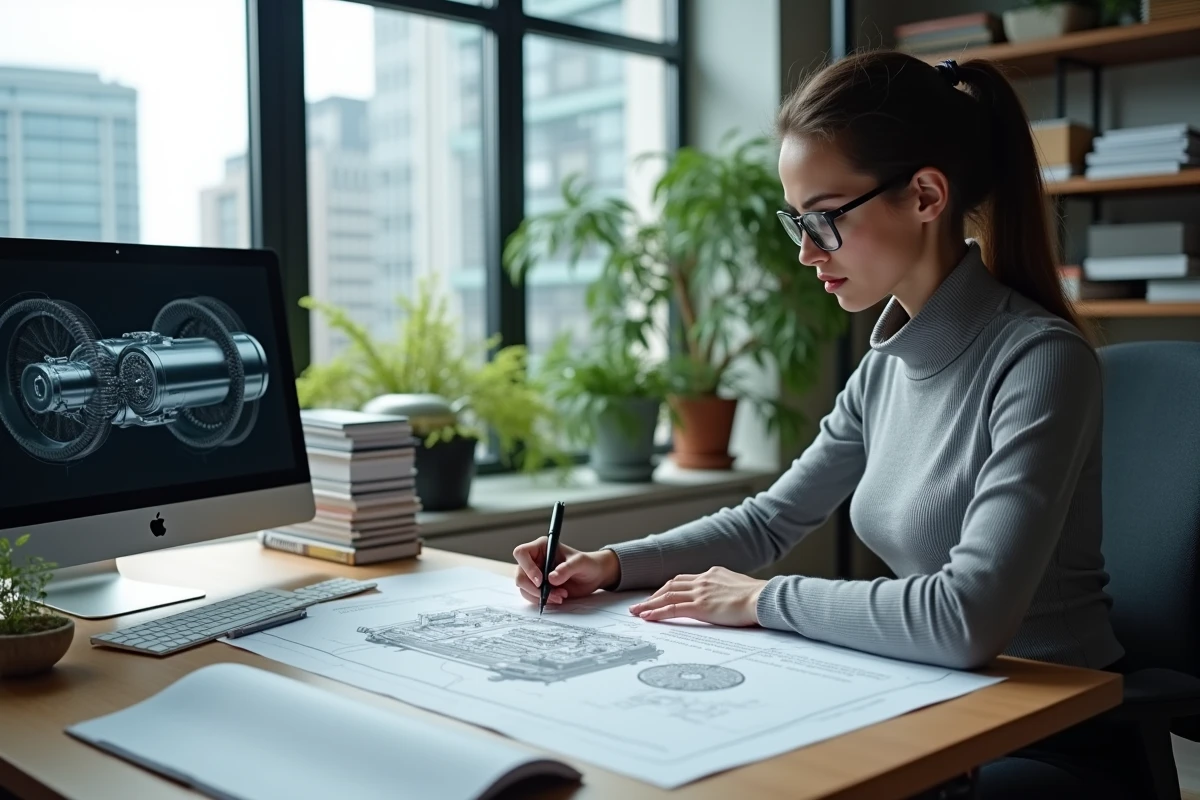 Jeune physicienne étudie plans de moteur quantique sur tablette