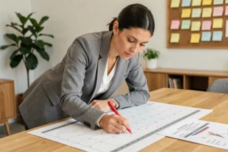 Femme professionnelle planifiant un projet en marquant des dates sur un calendrier papier dans un bureau moderne