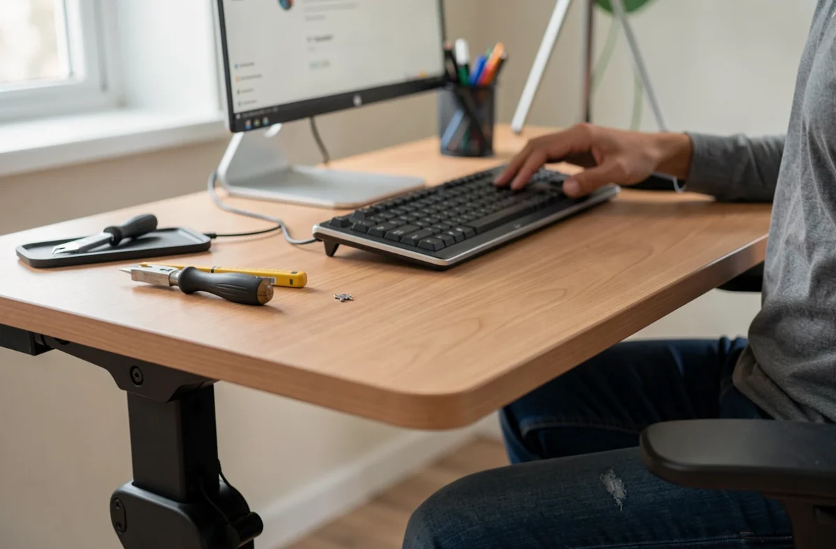 Poste de travail aménagé avec table réglable et outils ergonomiques