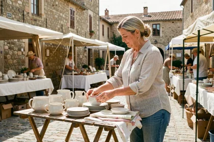 Femme préparant son stand de vide grenier en Alpes-Maritimes avec vaisselle vintage et nappes pliées sur une table en plein air