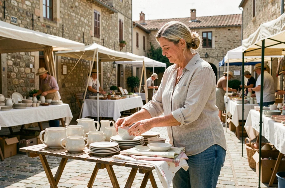 Femme préparant son stand de vide grenier en Alpes-Maritimes avec vaisselle vintage et nappes pliées sur une table en plein air