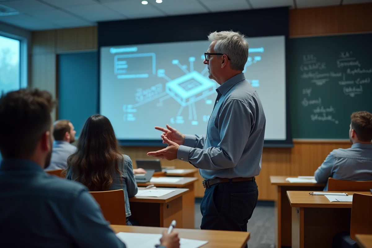 Professeur explique des diagrammes quantiques devant des étudiants en classe