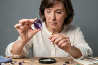 Gemmologue examinant une pierre violette authentique avec une loupe, comparant les inclusions naturelles d'une améthyste véritable