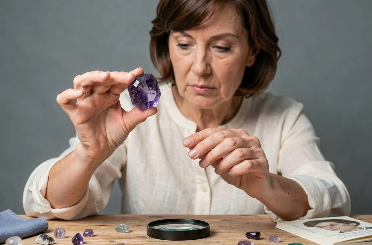 Gemmologue examinant une pierre violette authentique avec une loupe, comparant les inclusions naturelles d'une améthyste véritable