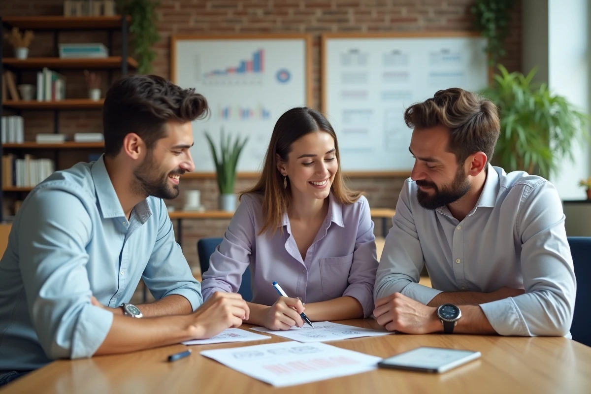 Trois collègues en brainstorming dans un espace ouvert