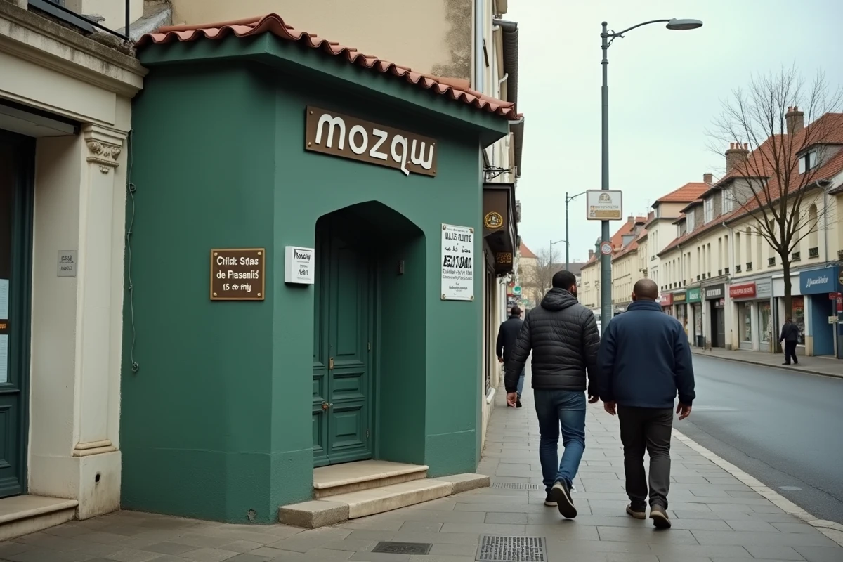 Rue de Bezons avec façade de petite mosquée de quartier et fidèles se dirigeant vers la prière