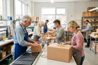 Salariés au travail sur une ligne de conditionnement dans un atelier lumineux