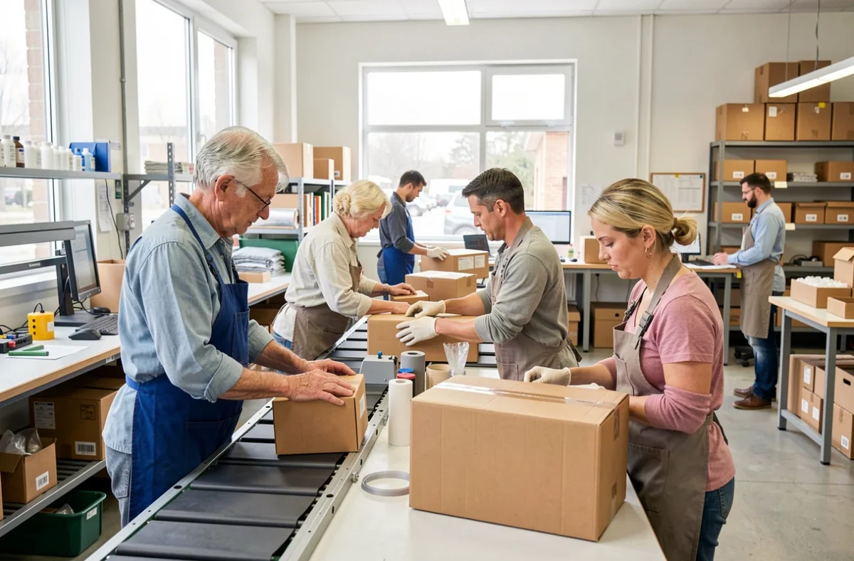Salariés au travail sur une ligne de conditionnement dans un atelier lumineux