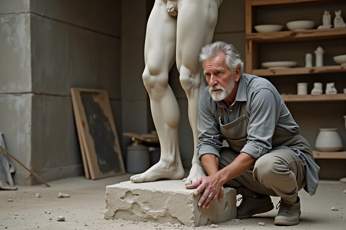 Sculpteur travaillant sur une statue monumentale inspirée du mythe de Prométhée enchaîné dans un atelier en pierre