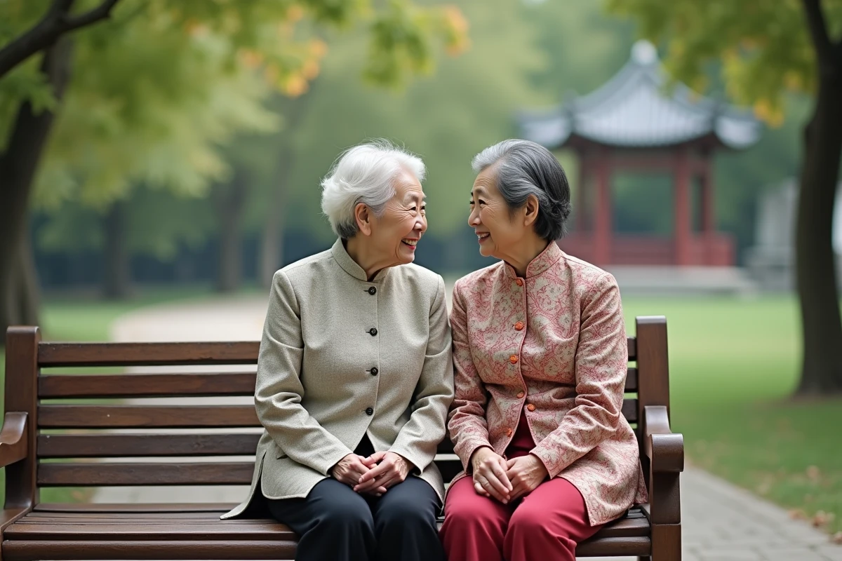 Femmes âgées discutant dans un parc paisible de Beijing