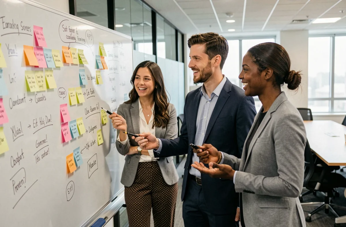 Groupe de jeunes stagiaires et alternants participant à une session de brainstorming collaboratif dans une salle de réunion moderne