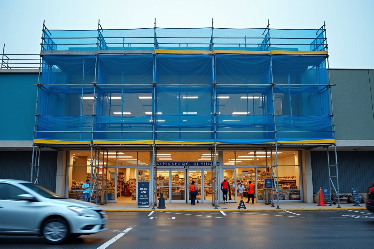 Façade d'un supermarché discount en travaux de rénovation avec échafaudages et filets de chantier bleus et jaunes