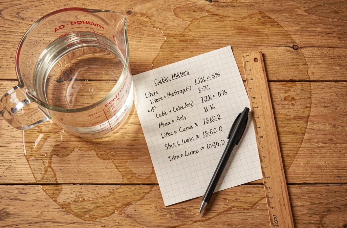 Vue aérienne d'un tableau de conversion litres en mètres cubes posé sur une table en bois avec un verre doseur