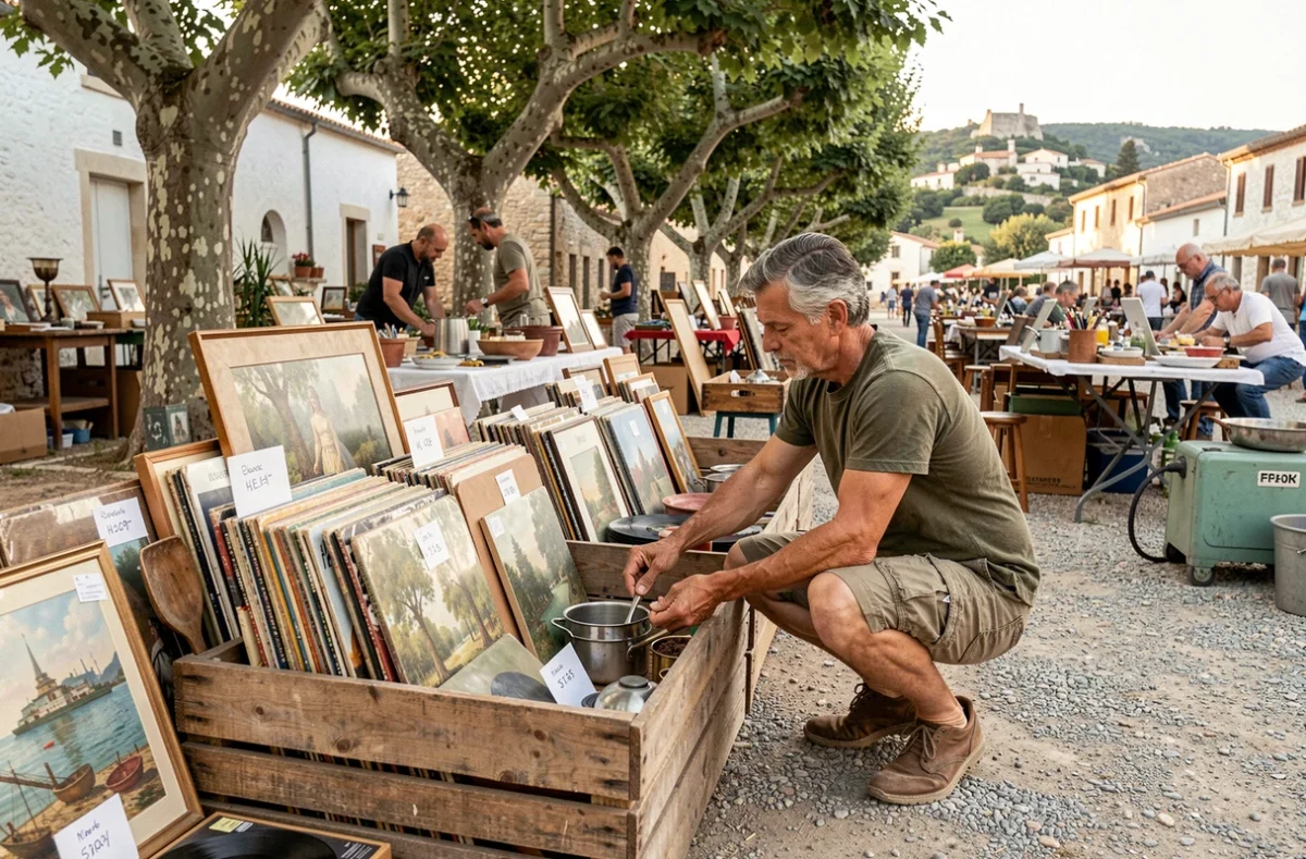 Vendeur organisant des vinyles et objets vintage avec étiquettes de prix sur son stand de brocante dans les Alpes-Maritimes