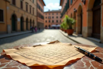 Mots croisés posés sur une table en marbre dans une piazza italienne avec des bâtiments en pierre ancienne