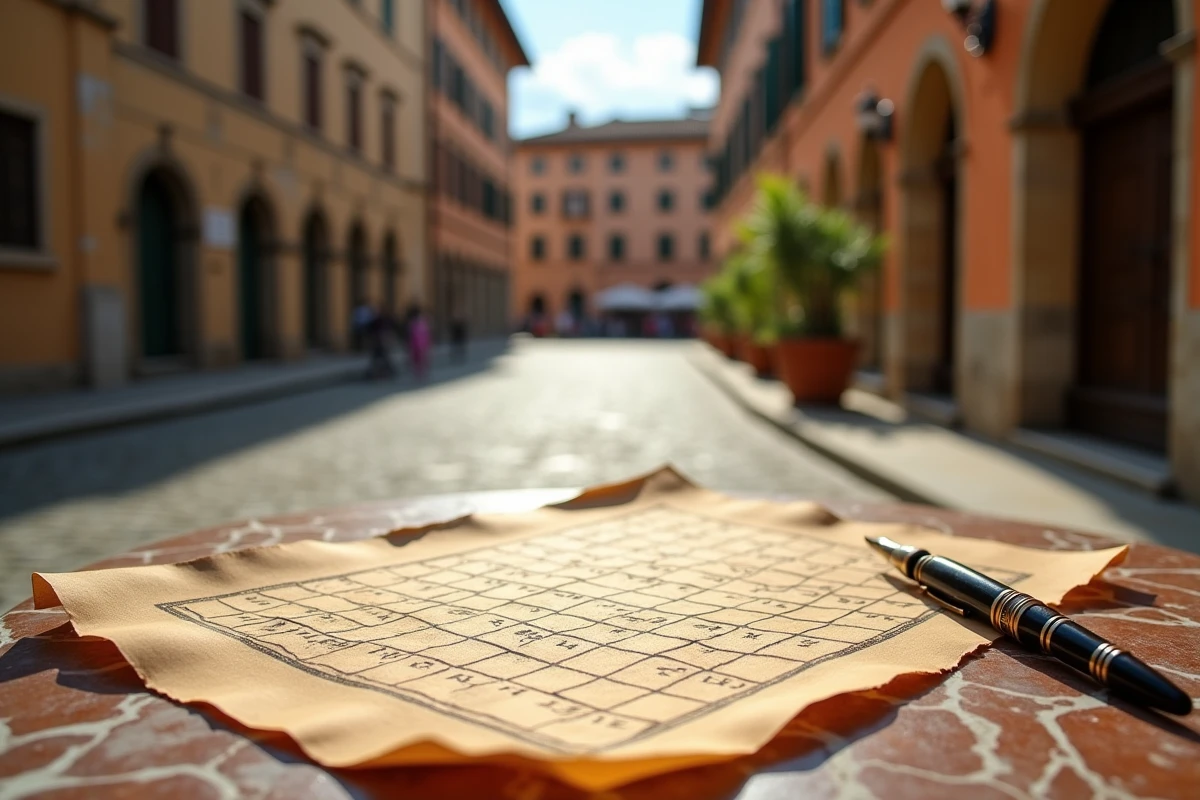 Mots croisés posés sur une table en marbre dans une piazza italienne avec des bâtiments en pierre ancienne